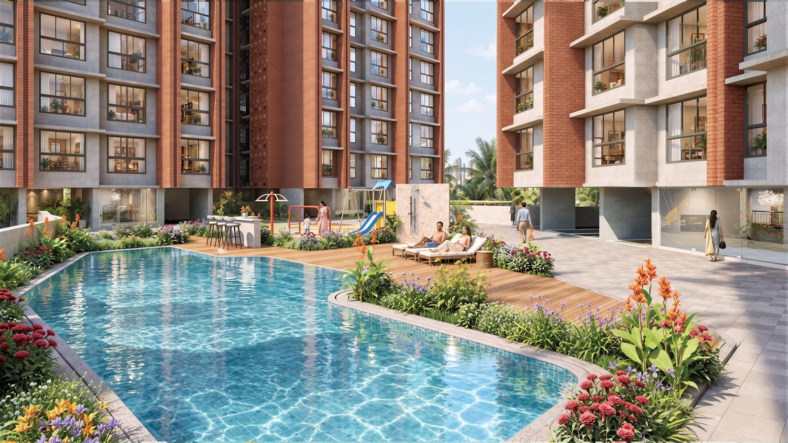 Artist's impression of the pool courtyard at Mayfair Aangan, I C Colony, Borivali West